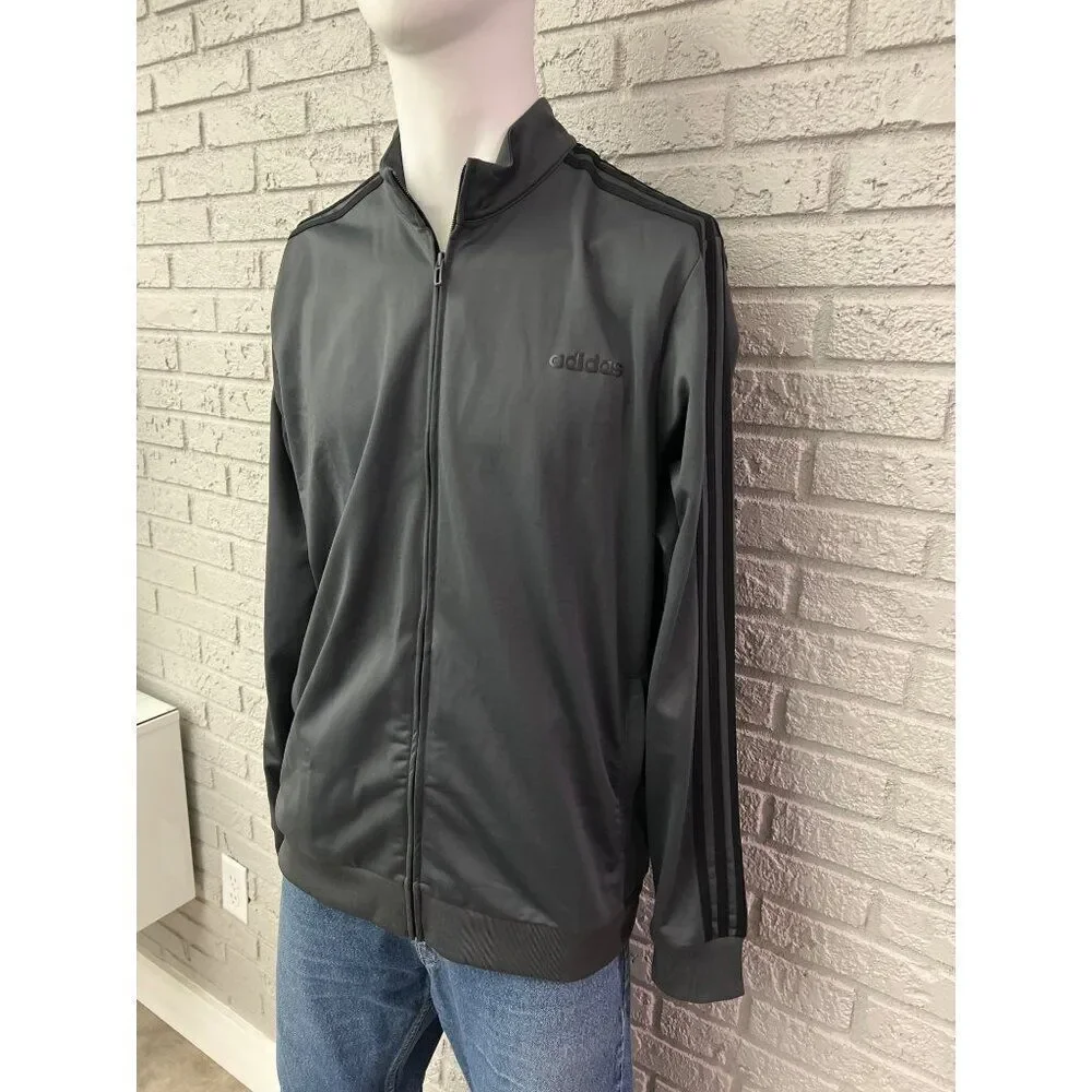 Adidas Men Gray Essential Three Stripe Zip Front Jacket Size XL
